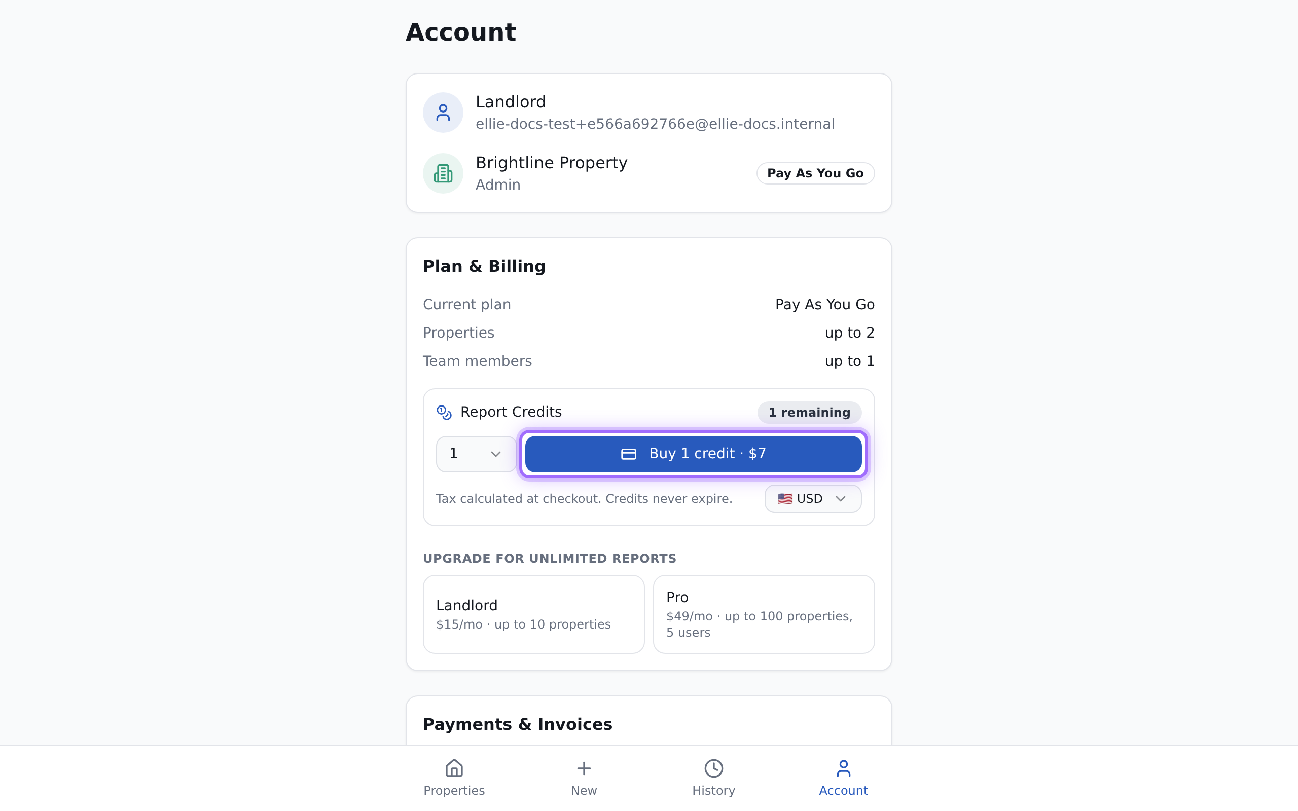 The Plan & Billing section showing Current plan, Report Credits, currency selection, credit quantity options, and upgrade actions.