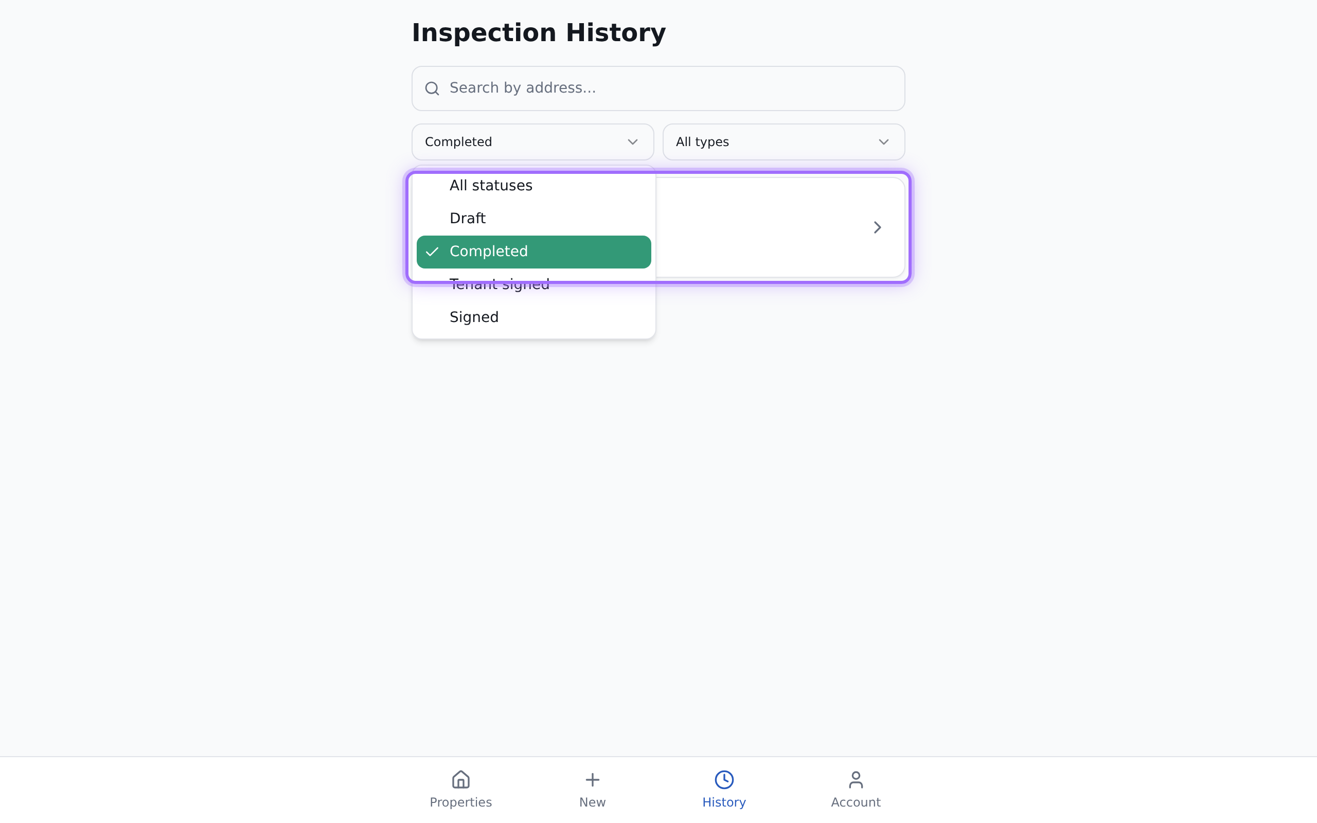 Inspection History filtered to show only completed Check-in inspections.