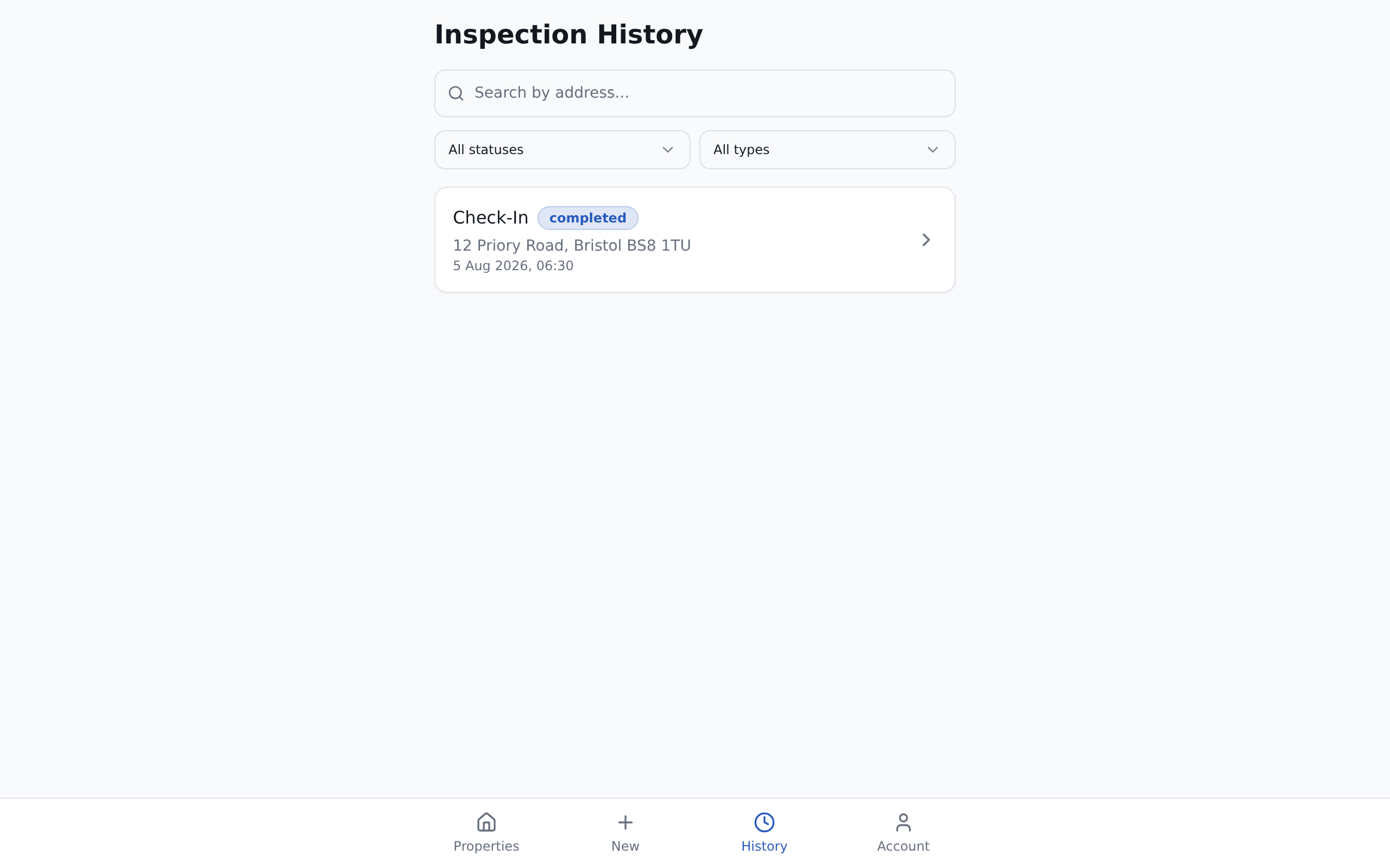 An Inspection History list showing past inspections with the search field and filter dropdowns above the results.