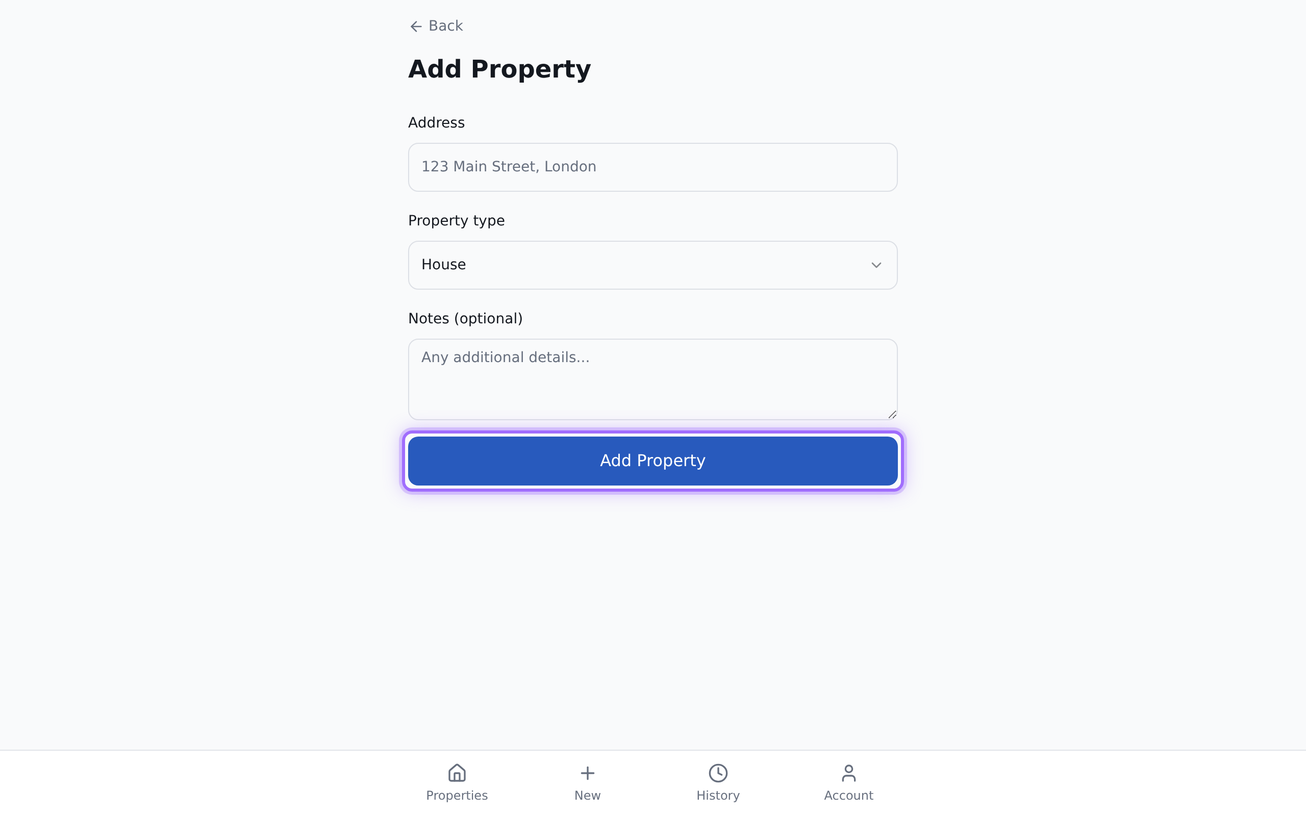 The Add Property form showing Address, Property type, and Notes (optional).