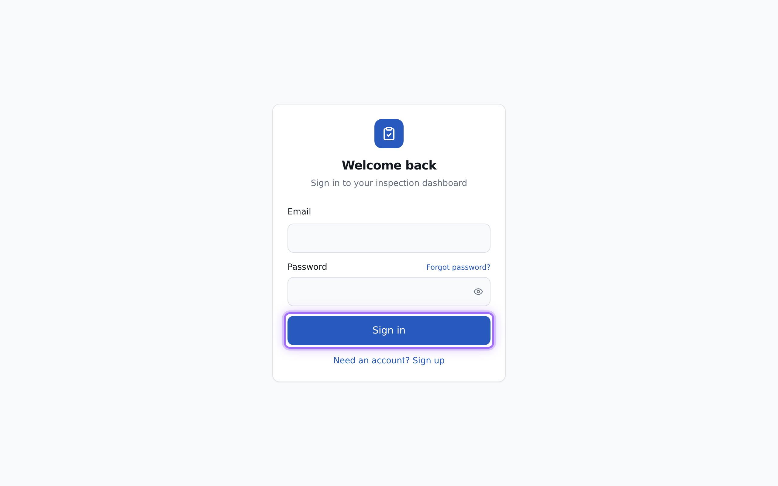 The sign-in form with Email, Password, and the Sign in button.
