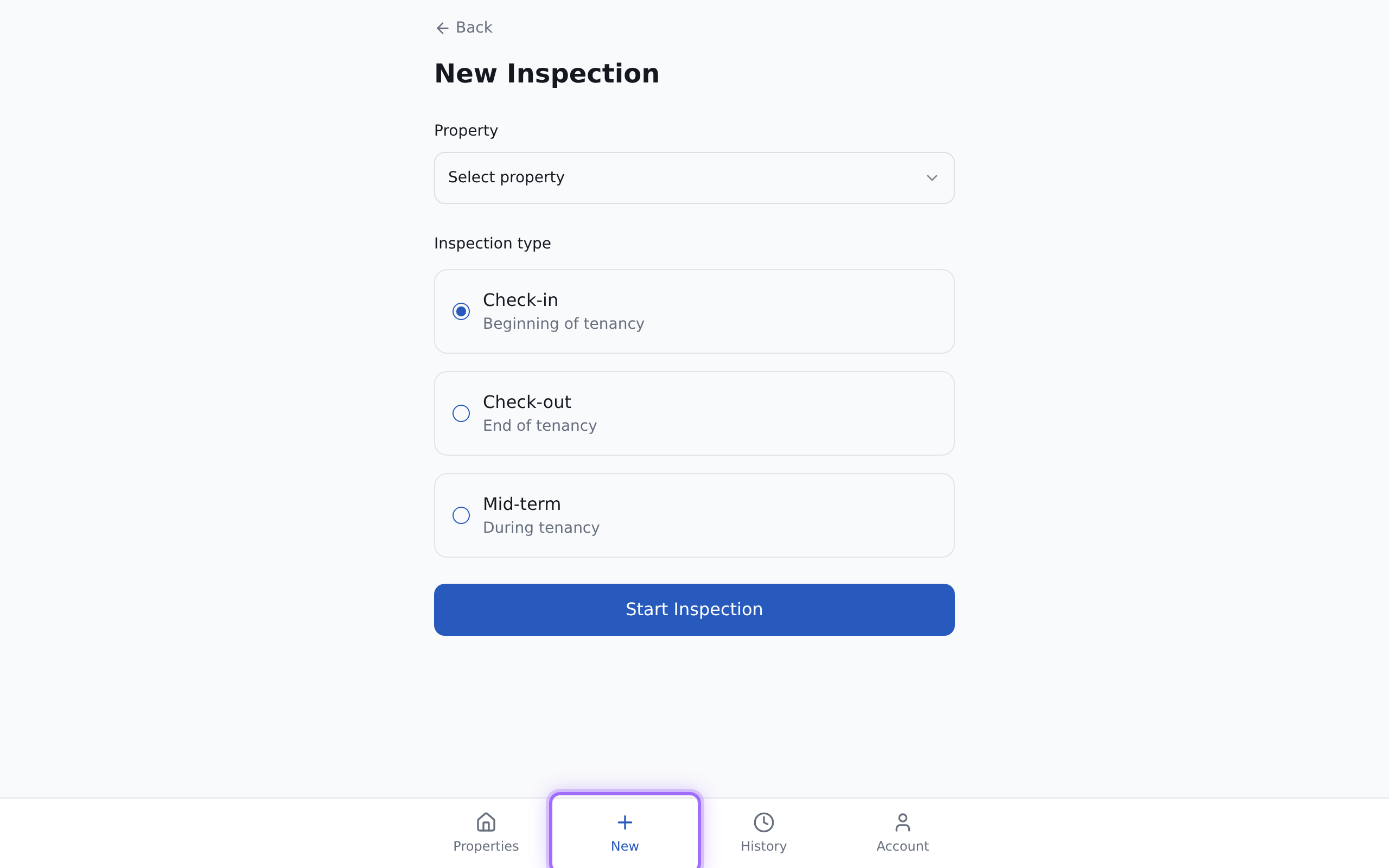 The property record with the Inspections section and the New button used to start an inspection.