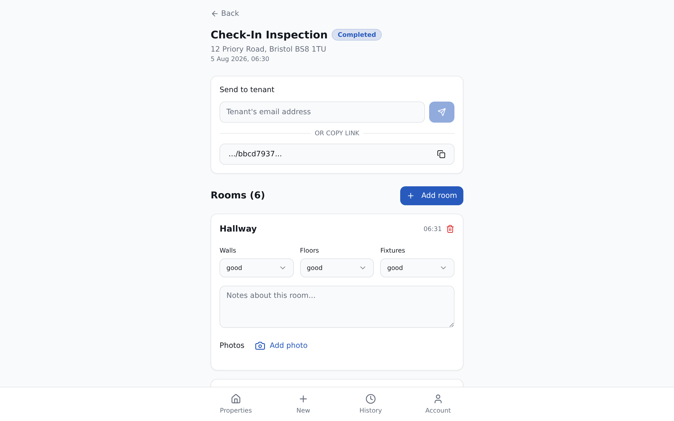 <one precise sentence: The inspection detail page must show the Send to tenant section with the tenant email field and the link copy button.>