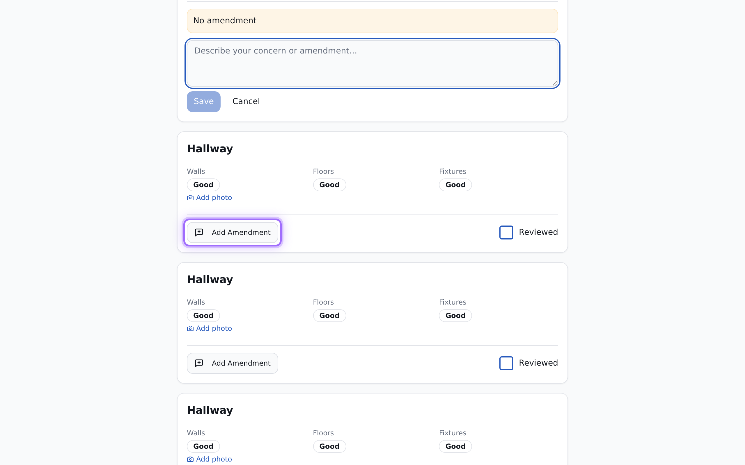 A section in the tenant review with the amendment text box open, showing the Save and Cancel buttons.