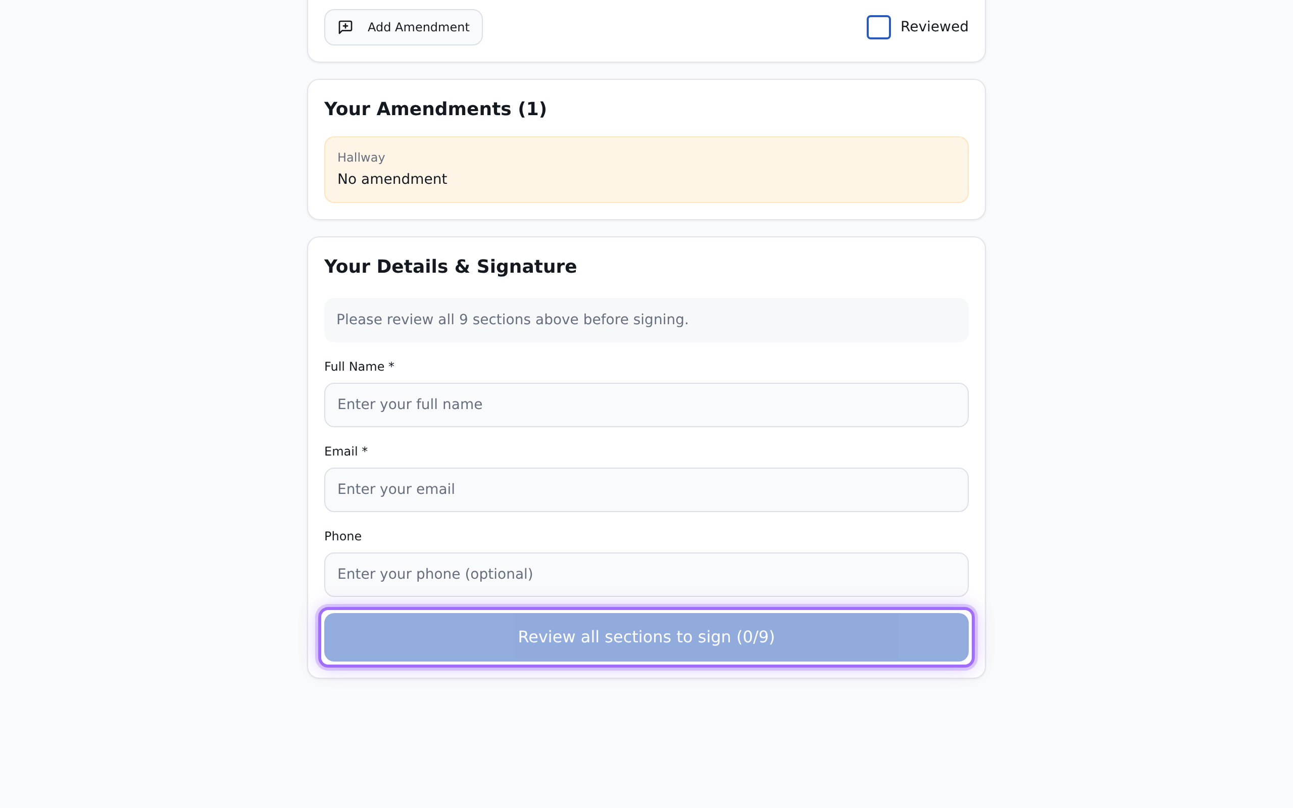 The tenant review page showing the inspection details and the tenant information fields used before signing.