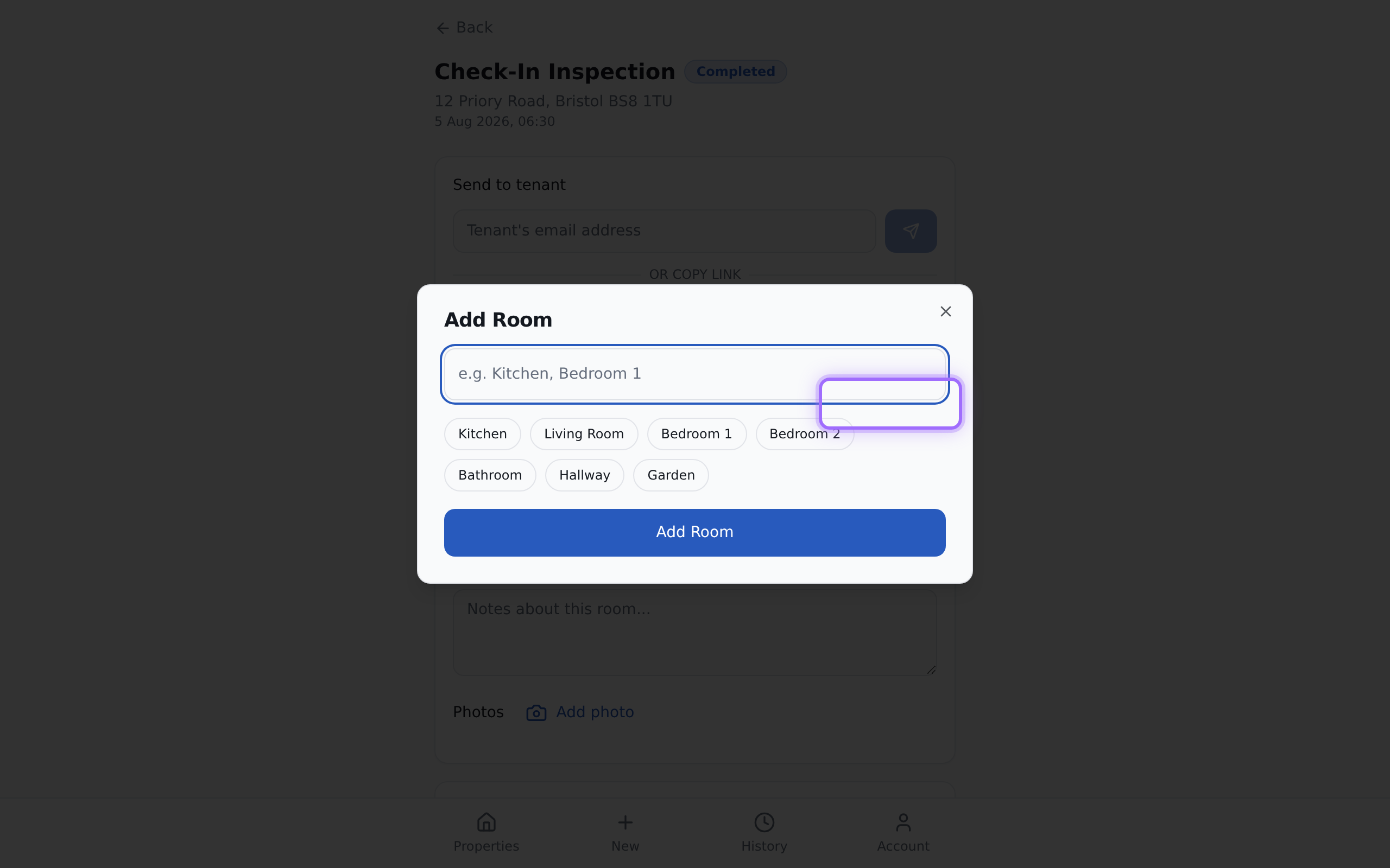 The inspection open with the Add room dialog ready for a new room name.