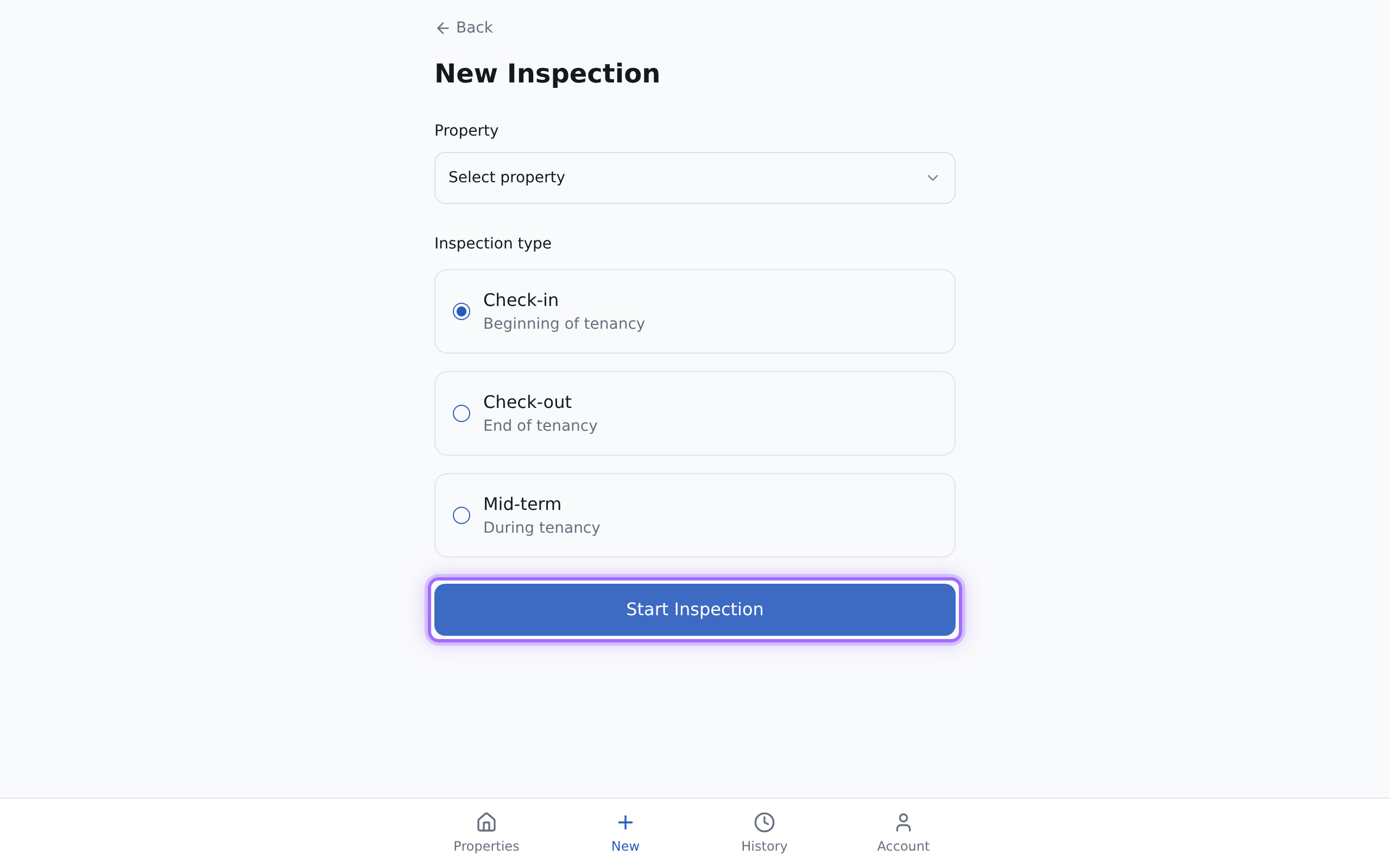 The new inspection form with the property selector and inspection setup options.