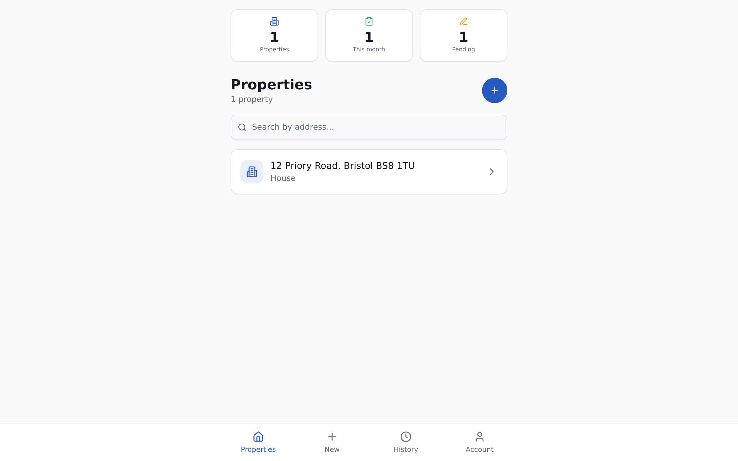 The Dashboard showing the Properties, This month, and Pending cards above the property search and list.
